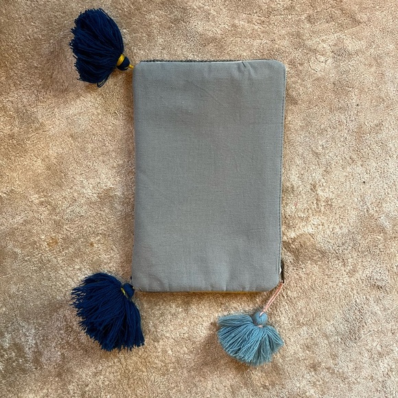 Anthropologie Woven Tapestry Clutch - Pom Pom Tassel Bright Yellow Pink Blue - Picture 2 of 6